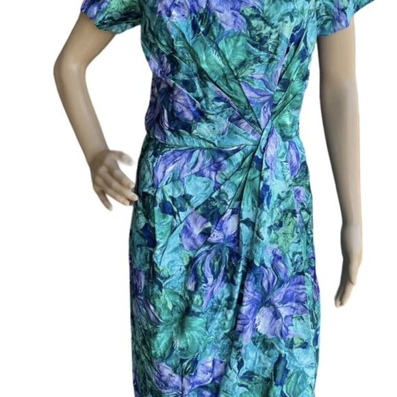 Vintage Isabell Gerhart Houston Dress Green Purple Floral Print Draped Cocktail - Picture 3 of 10